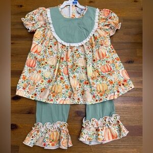 Girls Pumpkin Floral Tunic & Sage Ruffle Pants Matching Set